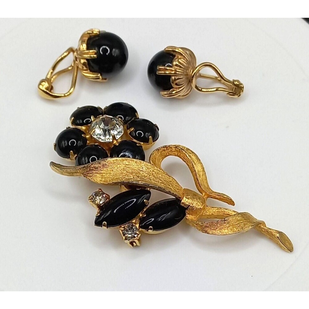 CINER Earrings & Floral Brooch: Black Glass, Goldtone Jewelry Set